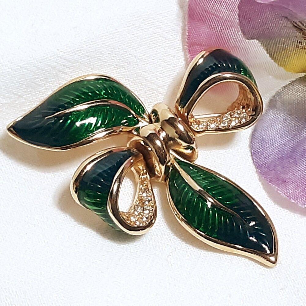Vintage Green Ribbon Brooch Pin Christmas Bow Gold Tone White Rhinestones Leaf